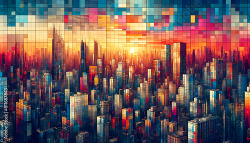 City Skyline with Sunset Reflections in High-Rise Windows 