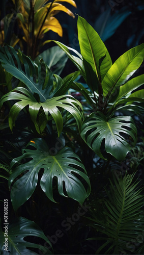 Exotic Foliage  Lush Tropical Leaves Amidst Dark Background