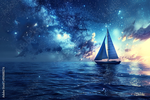 A lone sailboat cruising on a calm ocean under a star-filled night sky.