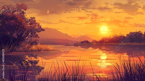 Golden Hour Lake Reflection A Serene and Tranquil Digital Art photo
