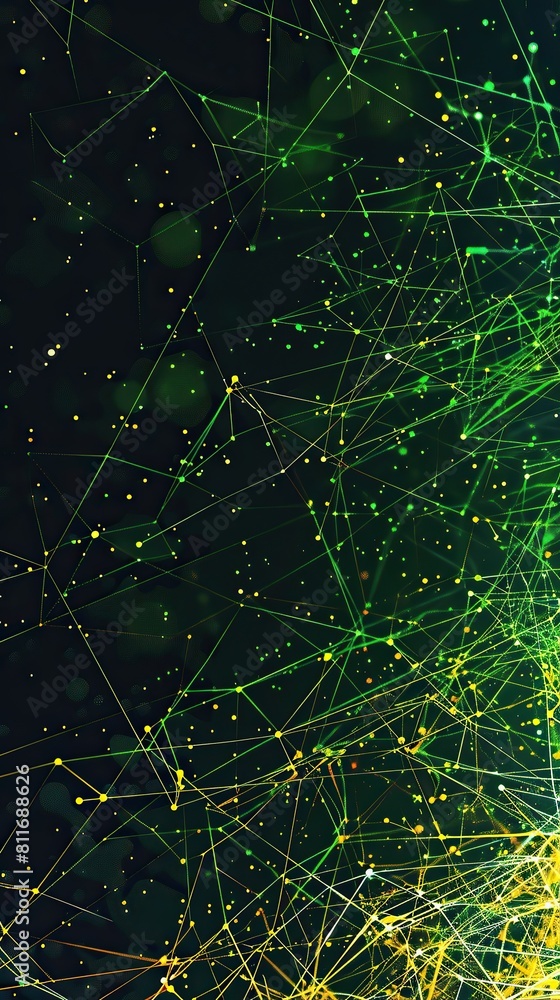 Fototapeta premium A vertical backdrop featuring neon green and yellow lines that create a vibrant network over a black canvas, with ample space for text in the lower half, perfect for detailed content