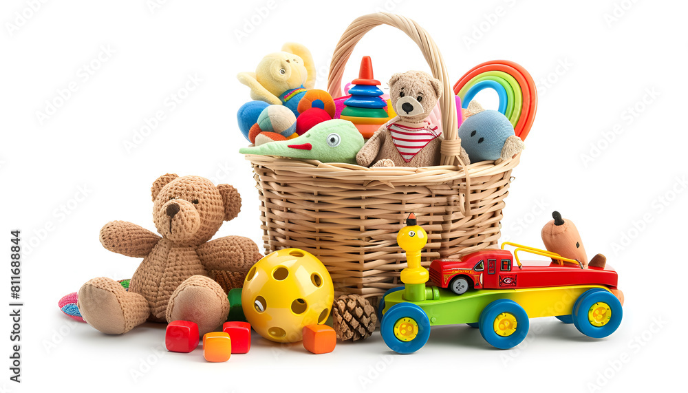 Obraz premium Many different children's toys and wicker basket isolated on white
