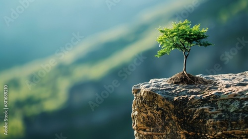 concept of resilience tree growing ,strong green on rocky cliff photo