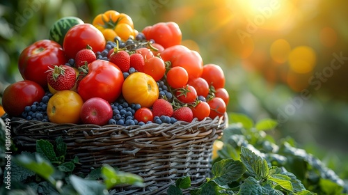 Freshly harvested organic vegetables fruits in basket, concept of perishable delivery shipment