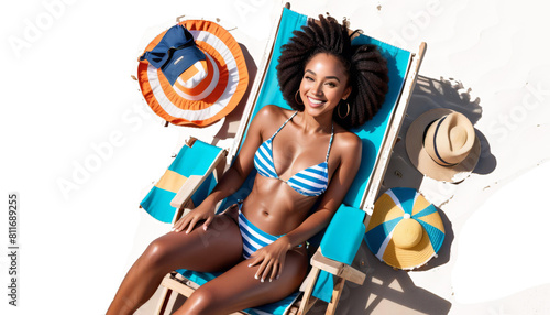 Wallpaper Mural african chair beach sitting happy smiling deck woman young summer bikini vacation people sun face holiday smile lifestyle lady outdoors black 1 person head shot coast sand maker curly hair toothy Torontodigital.ca