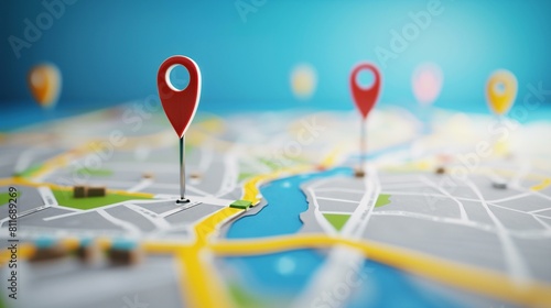 Red pushpin on detailed map blue background concept of delivery route optimization