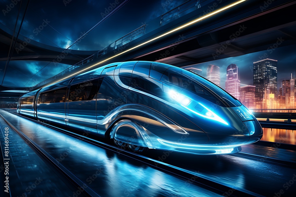 High-speed train in the city at night. Transportation concept.