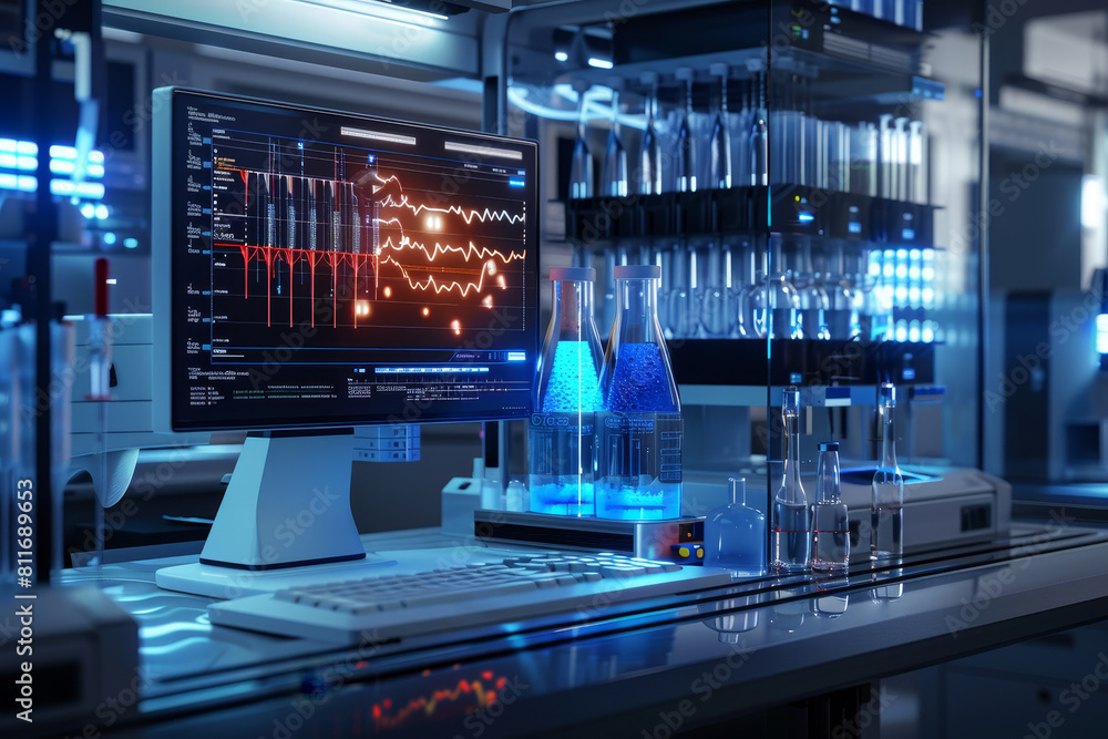 A computer monitor displays a graph of data on a lab bench A computer monitor displays a graph of data on a lab bench
