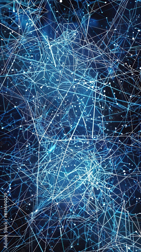 A vertical canvas featuring a dense network of electric blue and silver lines forming an energetic digital mesh, with space for text at the bottom for additional information or calls to action A vertical canvas featuring a dense network of electric blue and silver lines forming an energetic digital mesh, with space for text at the bottom for additional information or calls to action