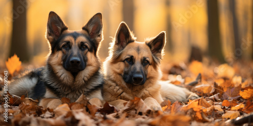 Two German Shepherds Relaxing in Autumn Leaves