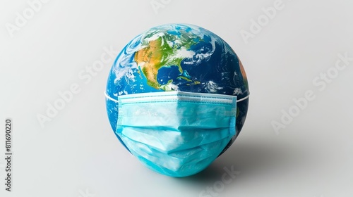 A realistic render of a globe adorned with a blue mask  floating above a seamless  stark white background to highlight the theme of worldwide health precautions