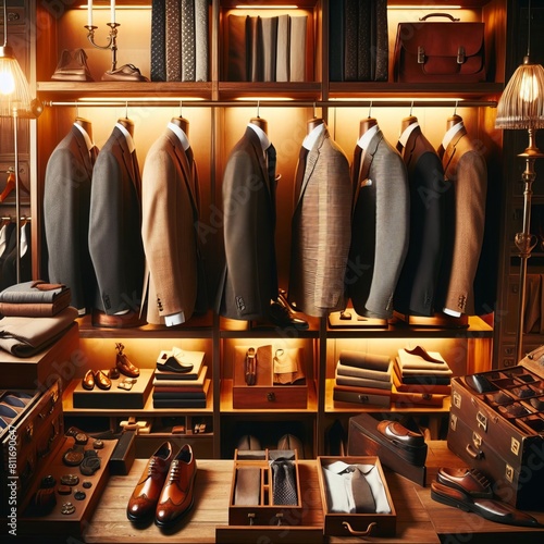 Men elegant clothing showcase, suit, shoe, watch