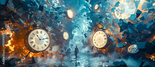 A man is walking through a field of clocks.