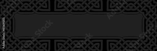 Banner, tribal cover design. Relief geometric vintage original 3D pattern on a black background. Ethnic ornaments, frame for text and advertising. Culture of the East, Asia, India, Mexico, Aztec, Peru