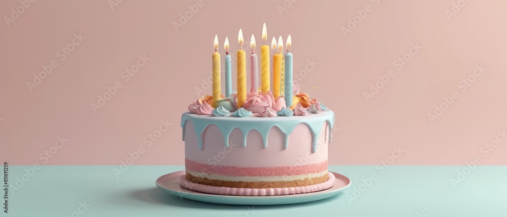 3D rendering of a birthday cake placed on a flat background 3D rendering of a birthday cake placed on a flat background