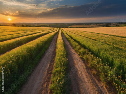 Fields of Gold, Panoramic Summer View of Green Fields, Quiet Road, and Sunset Sky