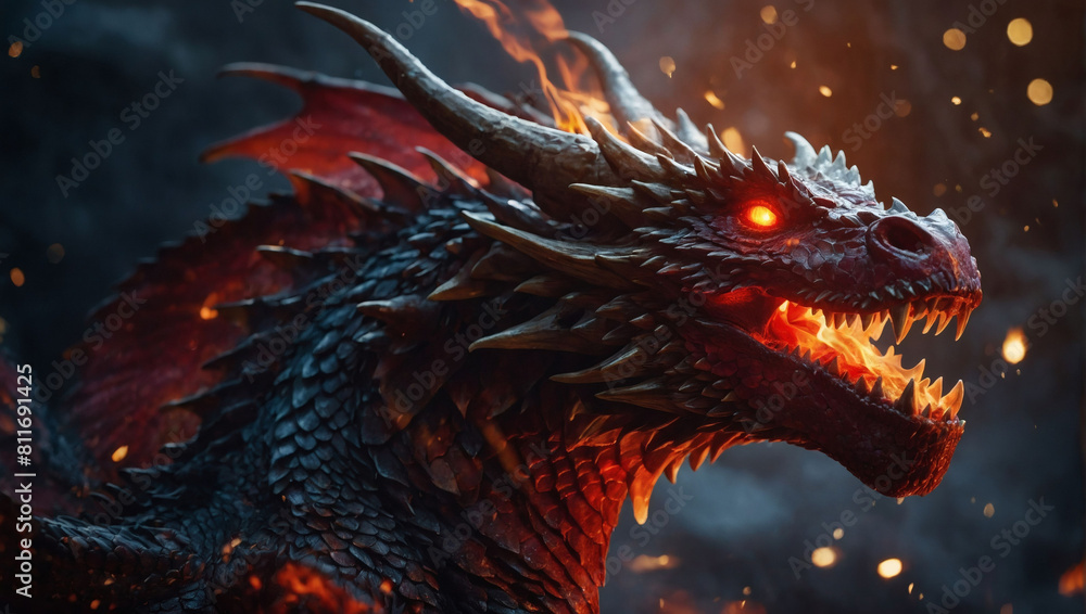 Fierce red dragon unleashes flames in a dark fantasy illustration of mythical creatures. Fierce red dragon unleashes flames in a dark fantasy illustration of mythical creatures.