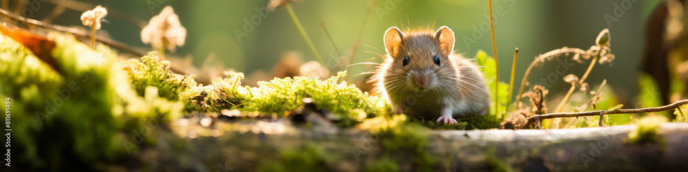 Curious Mouse Peeking Over Moss in Forest Curious Mouse Peeking Over Moss in Forest