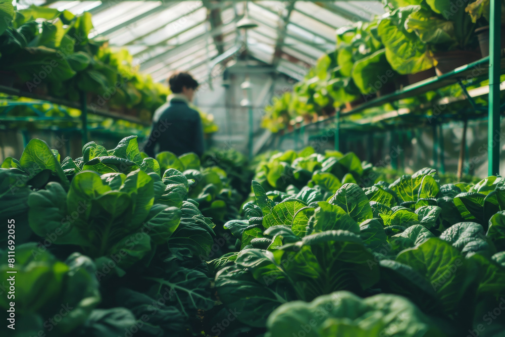 Man Tending to Rows of Lush Green Cabbages in a Sunlit Greenhouse Man Tending to Rows of Lush Green Cabbages in a Sunlit Greenhouse