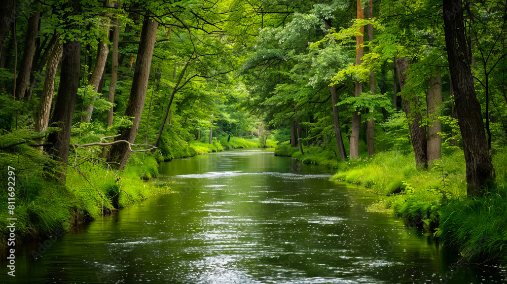 Fototapeta premium A river runs through a lush green forest.
