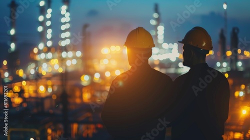 Two engineers looking at an oil refinery at night high voltage production plant Power plants  nuclear reactors  energy industries 