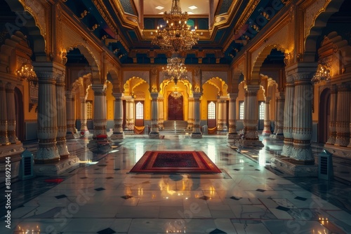 luxurious hindu palace from the times of ancient india, interior, night photo