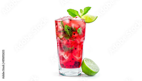 Red cocktail with lime and mint in a glass isolated on a white background