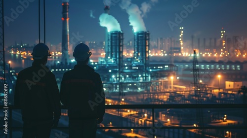 Two engineers looking at an oil refinery at night high voltage production plant Power plants, nuclear reactors, energy industries 