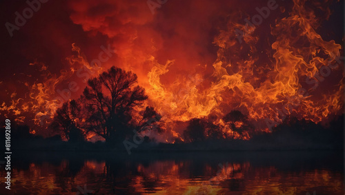 Fiery red sky backdrop  swirling flames and smoke  perfect for Halloween and inferno themes.