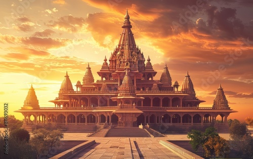 The Ram Mandir in Ayodhya is shown with its grand architectural design
