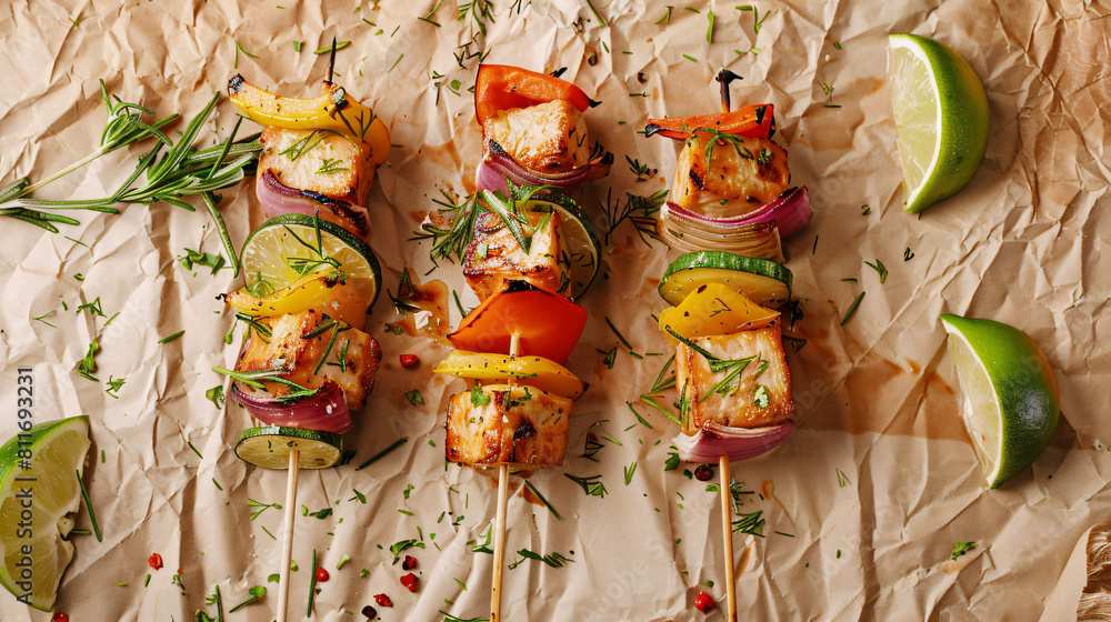Parchment with tasty vegetable skewers and lime