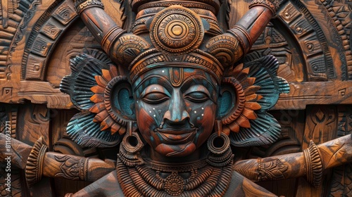 Wallpaper Mural wooden wall art sculpture of psychedelic indian art based on ancient indian hindu architecture, Hindu god Torontodigital.ca