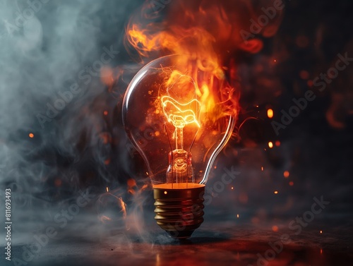 A concept image of an overheating lightbulb engulfed in flames and smoke, symbolizing burnout or overload.