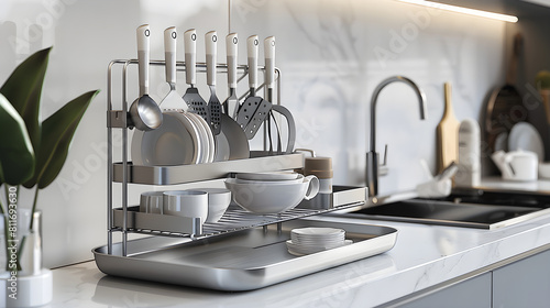 Exhibit of Stainless Steel Utensil Drying Rack in a Modern Kitchen Setting photo