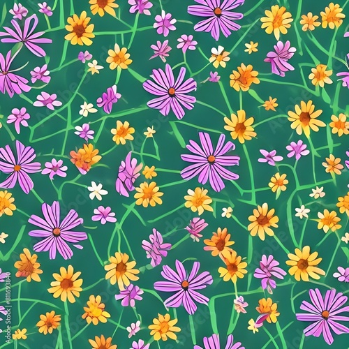 Daisy flower seamless pattern on green background. Field of daisies.  Floral print with tiny chamomile great for fashion fabric  home decor textile