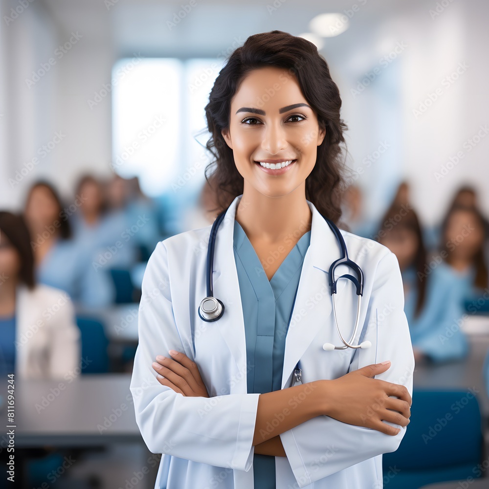 A beautiful female doctor standing in front of her class. Generative AI. A beautiful female doctor standing in front of her class. Generative AI.