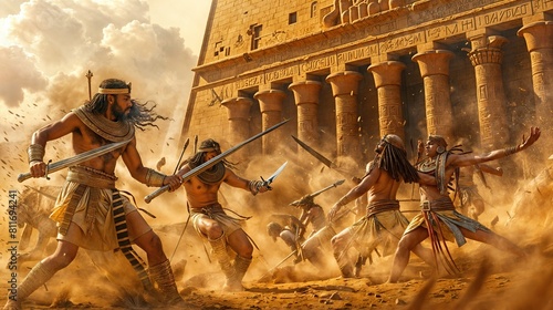 Ancient Egyptian warriors in epic battle against enemies photo