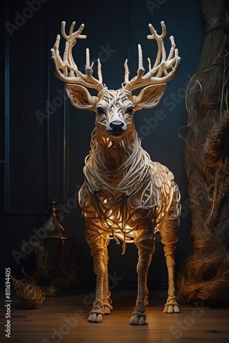 Deer with ligh lamp ropes statue  3d illustration. Generative AI.