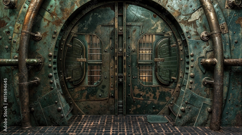 Rusty sci-fi door in a dimly lit industrial setting