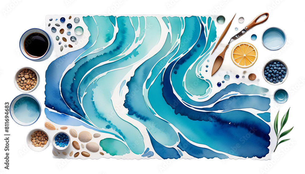 © akk png - illustration blue sea watercolor background river d hand water stream aqueduct wave abstract art paper white design colours paint nature dripped ocean graphic drawing wet splash hand-drawn set