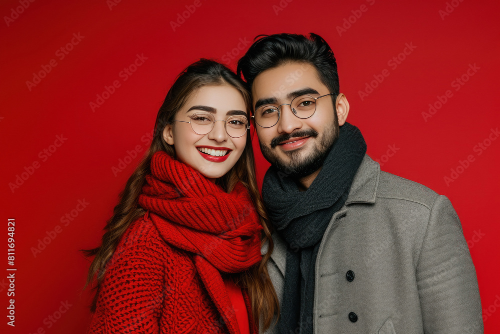 couple in warm wear on red background couple in warm wear on red background