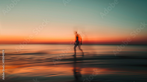 Blurred figure walking on beach at sunset.