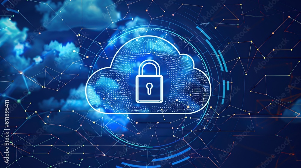 Cloud service and padlock storage of digital technology protection Concept background. Cloud service and padlock storage of digital technology protection Concept background.