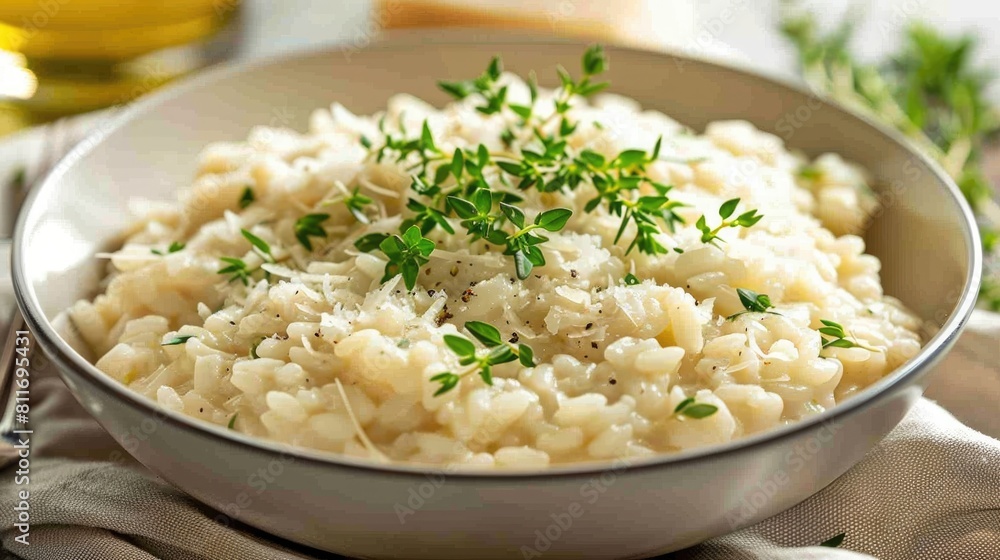 Creamy Risotto with Parmesan and Thyme | Delicious Italian Food Close Up for Restaurant Menus, Food Blogs, and Culinary Advertising Creamy Risotto with Parmesan and Thyme | Delicious Italian Food Close Up for Restaurant Menus, Food Blogs, and Culinary Advertising