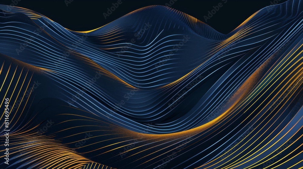 Abstract background with blue and gold lines, a dark blue gradient background.	