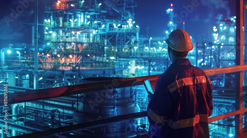 A man in a hard hat and safety vest is standing on a platform at an oil refinery at night. high voltage production plant Power plants, nuclear reactors, energy industries 