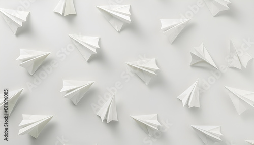 Collage with many paper planes on white background. Origami art