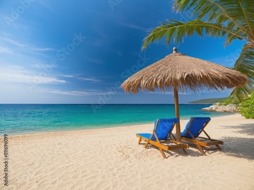 Two empty seats under a palm leaf parasol stand on a sandy beach against the background of beautiful blue sea
