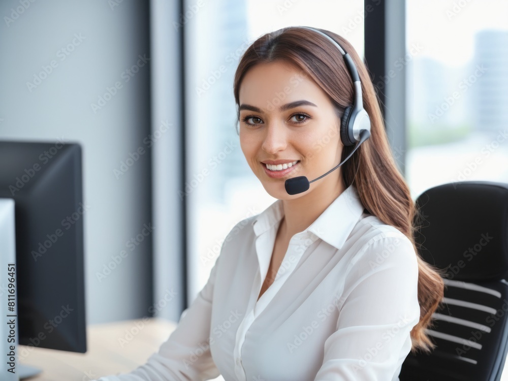 portrait Smiling attractive female Call center, young middle woman and smile in contact us with CRM, headset with mic and mockup space. Customer service consultant, happy female and telemarketing 
