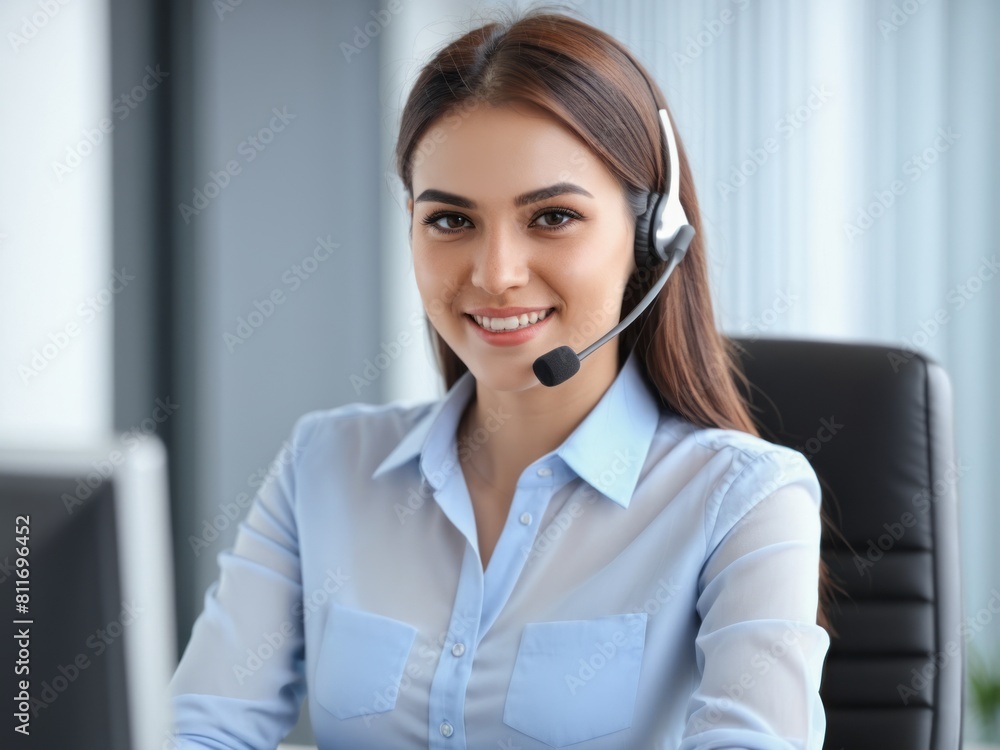 portrait Smiling attractive female Call center, young middle woman and smile in contact us with CRM, headset with mic and mockup space. Customer service consultant, happy female and telemarketing portrait Smiling attractive female Call center, young middle woman and smile in contact us with CRM, headset with mic and mockup space. Customer service consultant, happy female and telemarketing